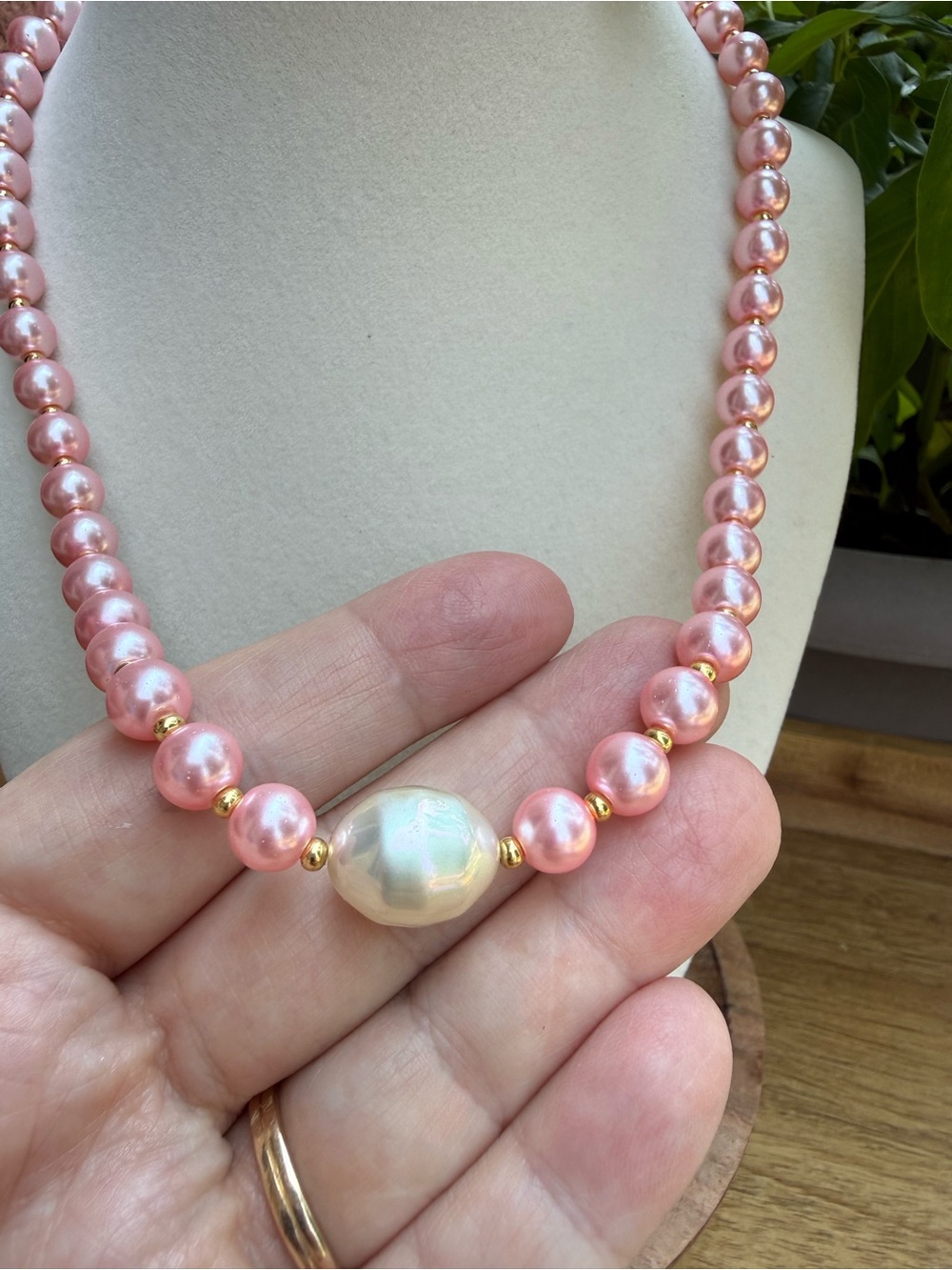 Pink Faux Pearl & Gold Beaded Necklace – 18” with Large Baroque Faux Pearl - Picture 2 of 6